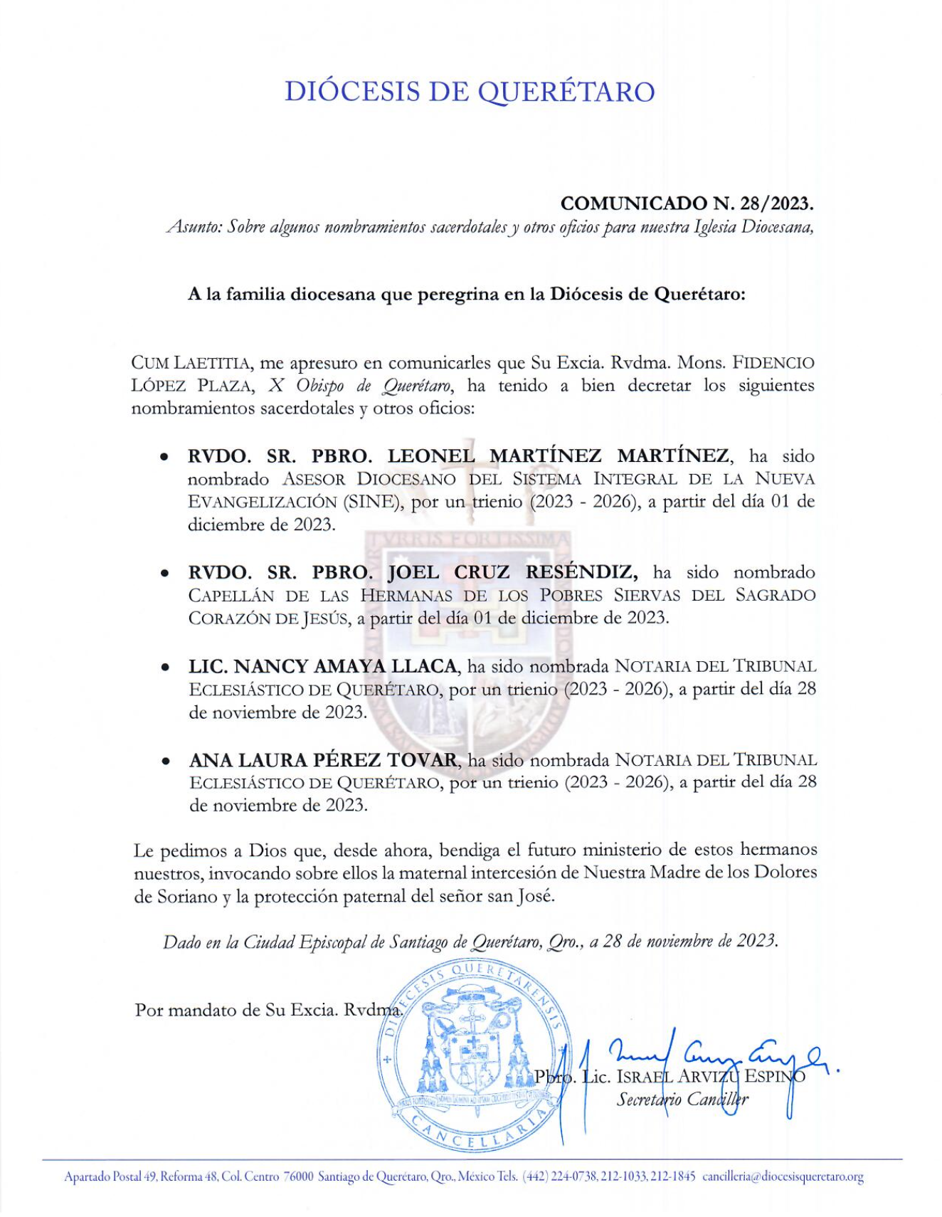 COMUNICADO N. 28/2023. Asunto: Sobre algunos nombramientos sacerdotales y otros oficios para nuestra Iglesia Diocesana